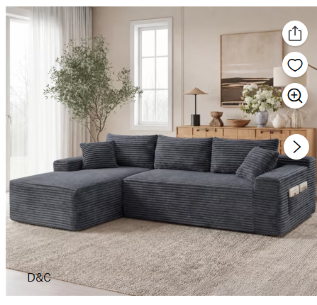 Aukfa 95″ Cloud Sectional Sofa Deep Seat Boneless Couch Modular L-Shaped Couch, Left Chaise Corduroy Sofa for Living Room, Dark Gray