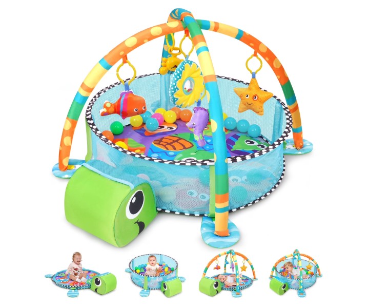Babyeap 3-in-1 Baby Gym and Play Mat, Baby Activity with Ocean Ball Sensory Toys, 0-36 Months