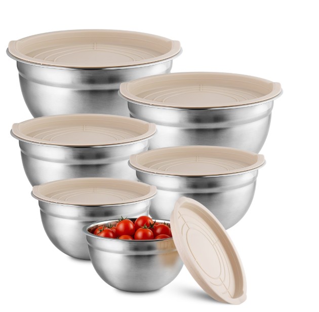 NULAS 6-Piece Stainless Steel Mixing Bowl Set with Lids, Nesting Metal Bowls for Kitchen – 4.5/3/2.5/2/1.5/0.75 qt, Great for Prep, Baking & Serving, Khaki