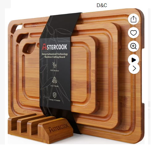 Astercook 4-Pieces Wood Cutting Board, Bamboo Chopping Board for Kitchen with Holder, Cutting Boards Set with Juice Groove and Handles, Charcuterie Board for Chopping Meat, Vegetables and Fruits