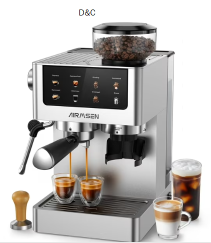 AIRMSEN Espresso Machine with Grinder, Espresso Coffee Machine with Customized Grind Amount & Coffee Volume, Cold Brew Coffee Maker for Cappuccino Latte Americano, Brushed Stainless Steel