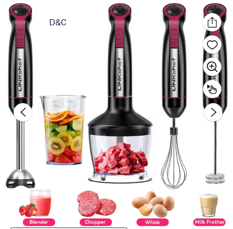 LINKChef Immersion Blender, 1000W 20-Speed 5-in-1 Hand Blender with Turbo Mode, Scratch-Resistant Stick Blender for Baby Food, Ice & Smoothie(Black)