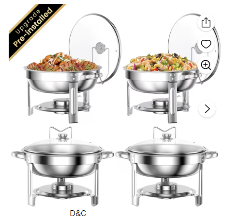 Chafing Dish Buffet Set 4 Pack: TINANA 5QT Stainless Steel Chafing Dishes for Buffet with Glass Lid & Lid Holder, Round Chafers and Buffet Warmers Sets for Parties, Events, Wedding, Camping, Dinner