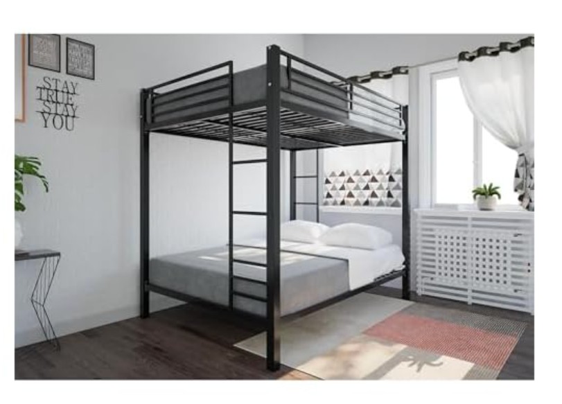 DHP Full Over Full Metal Bunk Bed, Black, Space-Saving Kids Furniture, Sturdy Frame, Guard Rails, Integrated Ladder