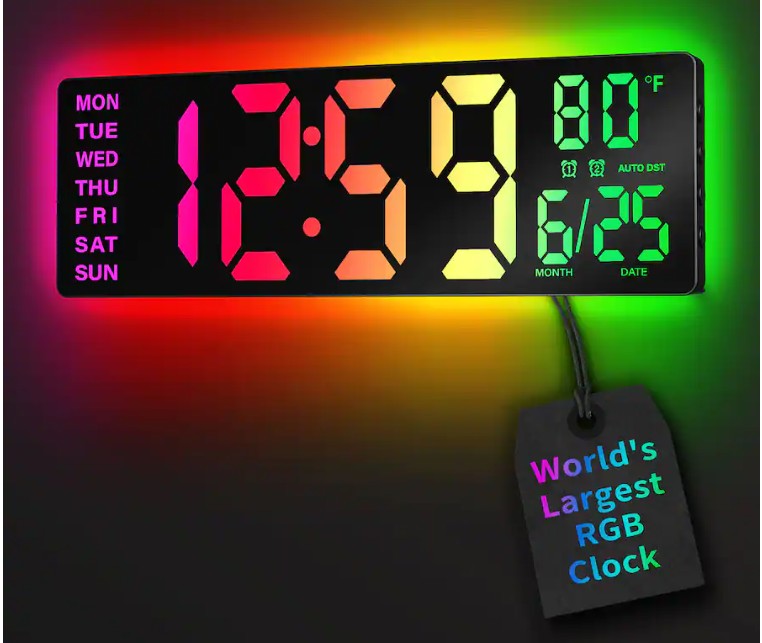 Easyera – 16.5″ Digital Wall Clock with Remote Control, RGB Lights, Dual Alarms LED Display, Auto DST, Temperature, Power via plug – Black