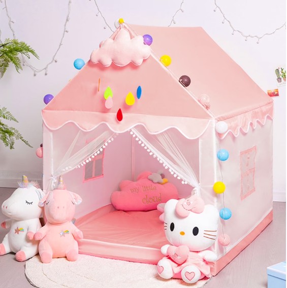 KEYAHAPPY Kids Tent Pink Princess Playhouse Castle Large Play Tent for Toddler with Windows Cloud and Ball Lights for Girls Indoor and Outdoor Games 47.2″ L x 39.4″ W x 51.2″ H