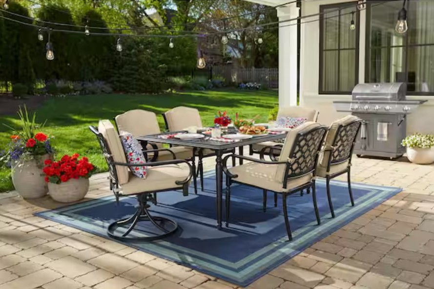 Laurel Oaks Dark Brown 7-Piece Metal Outdoor Dining Set with Cushion Guard Putty Cushions