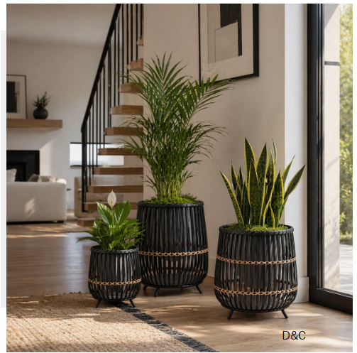 Modern Round Bamboo Wood Planters for Indoor and Outdoor Spaces – Artistic Flower Pots for Home, Living Room, or Patio Decor – Set of 3