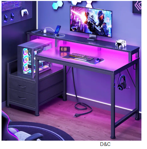 Furnulem – Computer Desk With Drawers Power Outlet Gaming Desk With Storage Shelves for Home Office Desk – Black