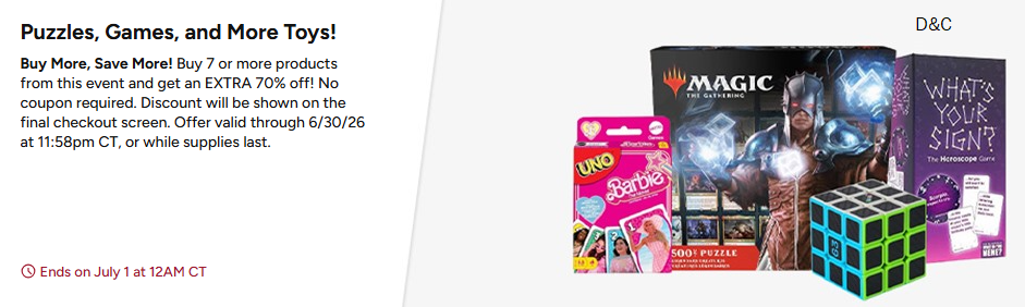 Puzzles, Games, and More Toys! Buy More, Save More! Buy 7 or more products from this event and get an EXTRA 70% off!