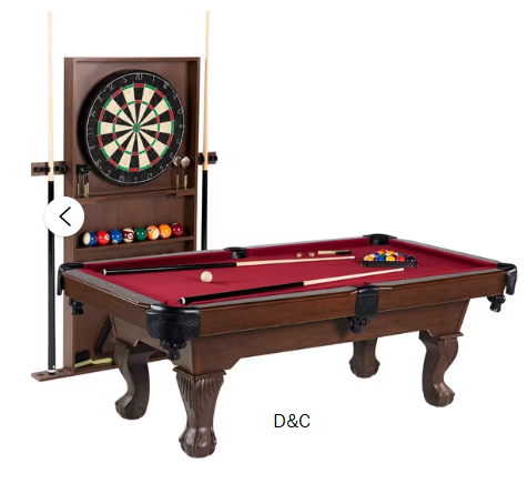 7.5 ft Billiard Pool Table with Cue Rack, Dartboard, and Game Accessories, Burgundy, by Barrington Billiards