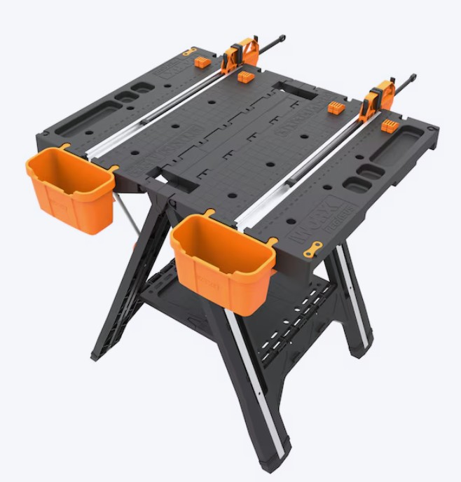 WORX Pegasus Work Table Saw Horse with Storage Bins 25-in W x 32-in H Black, Orange Plastic Portable Work Bench