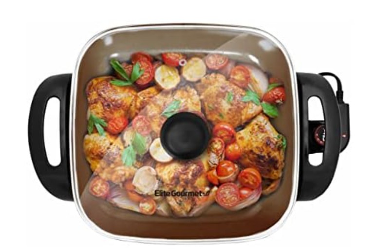 Elite Gourmet EG3033 12″x12″x2.35” Healthy Ceramic with Titanium Coated Scratch Resistant Electric Skillet, Dishwasher Safe, Rapid Heat Up, 1200W, Dark Grey, 6 Quart