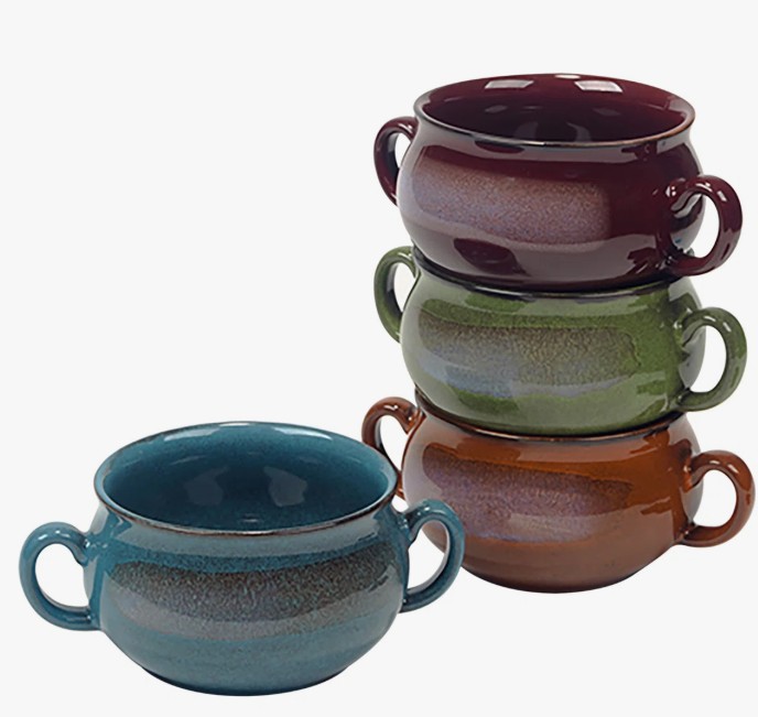 Stoneware 24oz Reactive Glaze Soup Crocks Set of 4 – Durable Stoneware with Unique Artisanal Glaze, Dual Handles, and Assorted Earth Tones – Oven, Microwave, & Dishwasher Safe (Set of 4)
