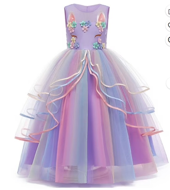 Girls’ Unicorn Costume Princess Long Maxi Dress for Birthday Party, Child 3t