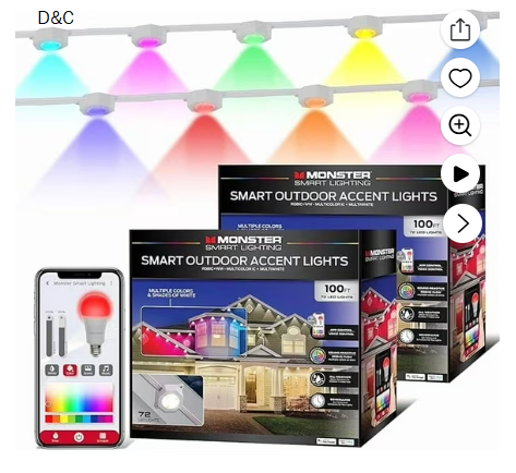 Monster Outdoor 200ft LED Smart Lights, RGBIC and Multiwhite Permanent Outdoor Lights with Voice Control, 100 feet Pack of 2