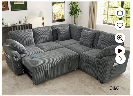BedLuxury 83″ Sectional Sleeper Sofa With Pull Out Bed, Storage Seat & USB Charging, L Shape Modern Couch for Living Room, Corduroy Gray
