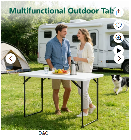 WASUHE Folding Table 4 FT Lightweight Table, Fold-in-Half Plastic Rectangular Table 