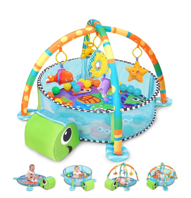 Babyeap 3-in-1 Baby Gym and Play Mat, Baby Activity with Ocean Ball Sensory Toys, 0-36 Months