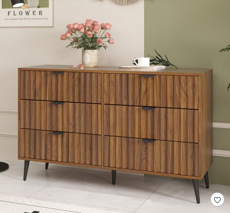 47“ Fluted 6 Drawer Dresser, Modern Dressers for Bedroom, Wood Dresser Organizer Dresser with Blister Drawers,Brown