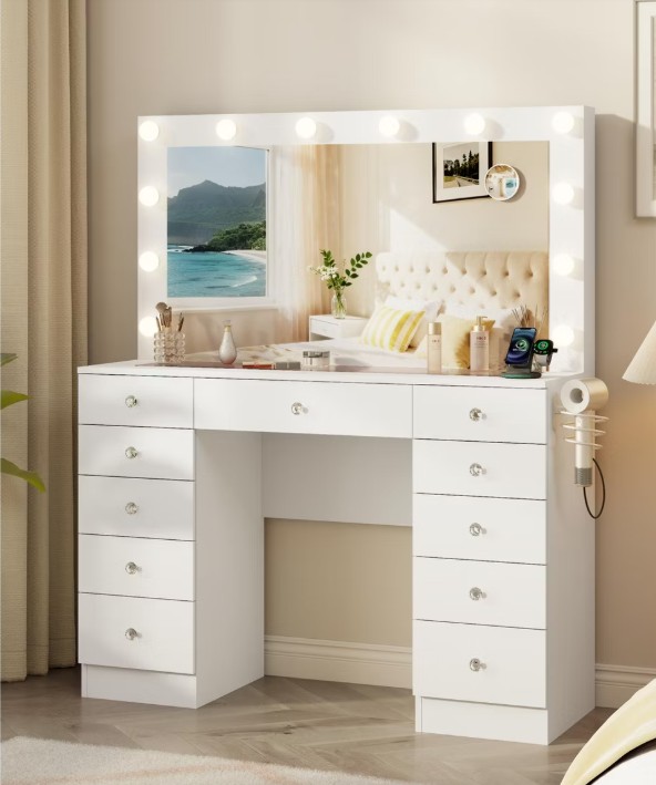 Makeup Vanity with Glass Top, 11 Drawers Vanity with Mirror and 12 LED Lights, Vanity Desk with 3 Lighting Modes Adjustable Brightness,White