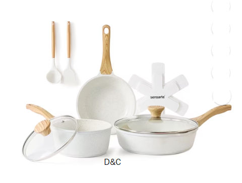 SENSARTE 10-Piece Ceramic Pots and Pans Set, White Induction Nonstick Cookware Set, Healthy Kitchen Cooking Sets with Stay-Cool Handles, Stackable