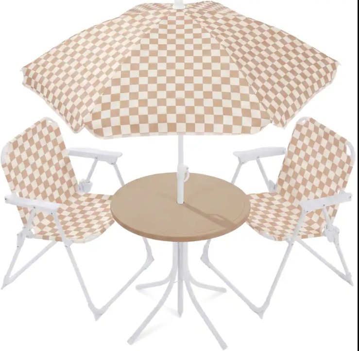 Best Choice Products – Kids Outdoor Table and Chair Set with Umbrella, 3-Piece Foldable Toddler Picnic Set Ages 2-5 – Tan – Tan / White