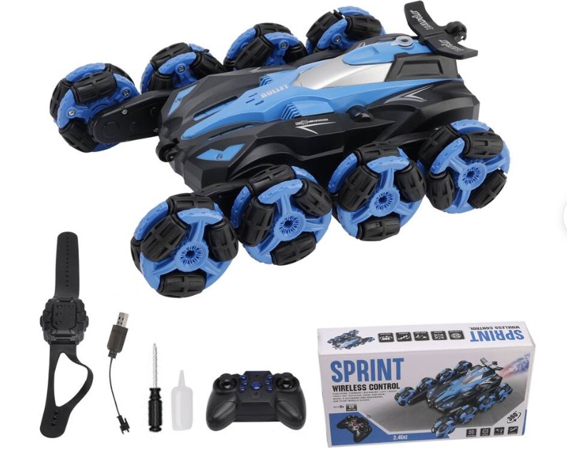 Topteng – 8 Wheel Gesture Sensing RC Stunt Car-Hand Controlled, 360° Drift & Transform with Spray/Light,Remote Toy for Kid – Blue