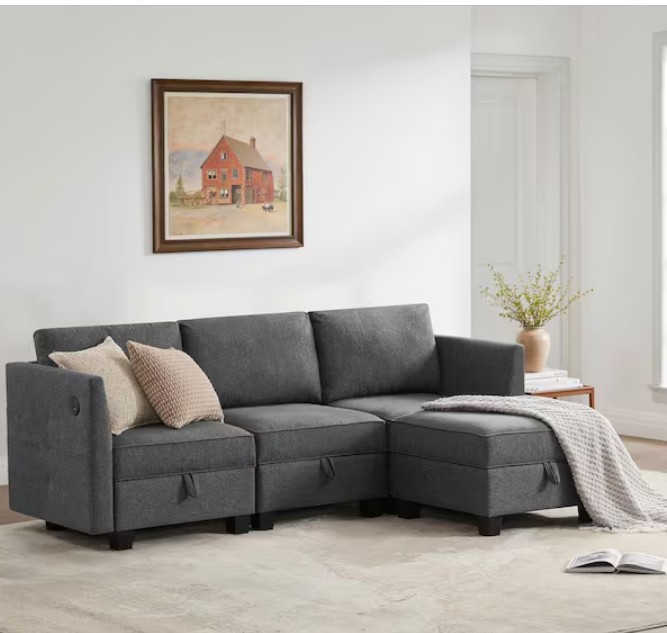 Billy 86″ Modular Square Arm L-Shaped Polyester 4-Piece Storage Sectional Sofa in. Soapstone Gray