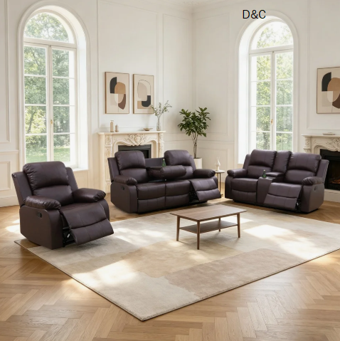 3 Piece Vegan Leather Manual Reclining Living Room Sofa Set