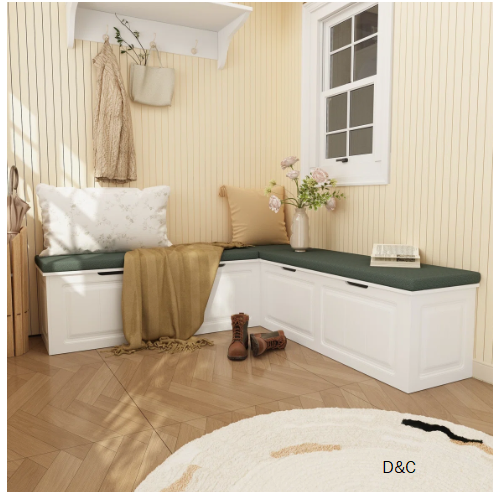 Entryway L-Shaped Shoe Bench With Storage Space And Upholstery