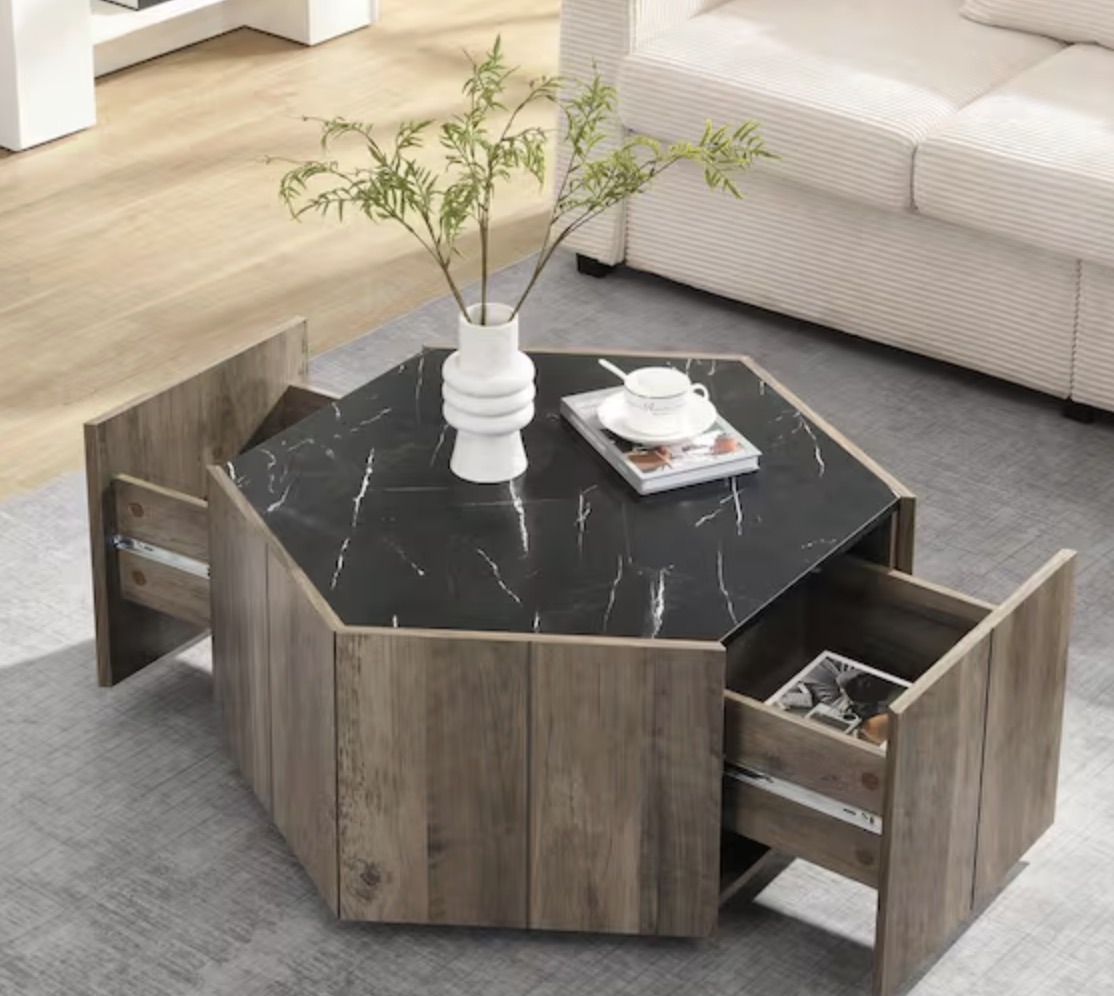 Judson Retro 31.5 in. Light Brown and Black Hexagon Faux Marble MDF Top Coffee Table with Hidden Drawers