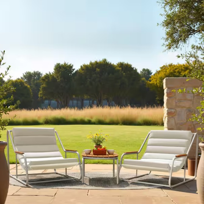 3-Pieces Metal Patio Conversation Set with Wooden Desktop and Cushions, White