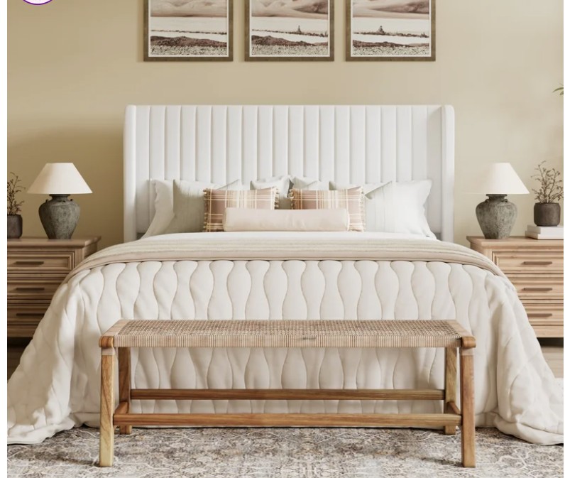 Candler Velvet Upholstered Platform Bed with Wingback Headboard and Wooden Slats