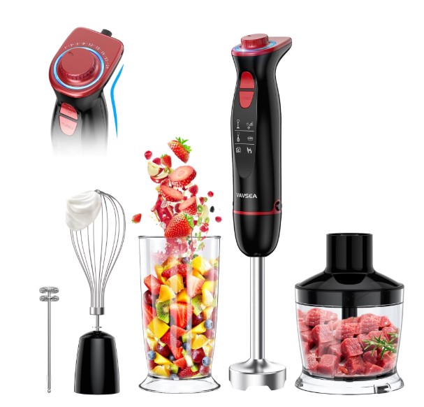VAVSEA Immersion Blender, 1100W 5-in-1 Hand Blender, 24-Speed Handheld Stick Blender for Kitchen, Chopper, Beaker, Whisk, Milk Frother, for Smoothies, New