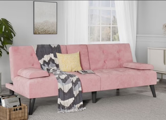 Walsunny Convertible Futon Sofa Bed, Foldable Futon Sleeper Sofa Bed with 2 Cup Holders, Folding Loveseat Recliner with 3-Angle Adjustment Modern Couch for Living Room, Small Space, Pink