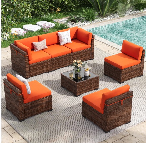 Poteban 7 Pieces Outdoor Sectional Sofa Set , PE Wicker Rattan Slanted Back Outdoor Conversation with Cushions and Glass Coffee Table for Backyard Garden, Orange