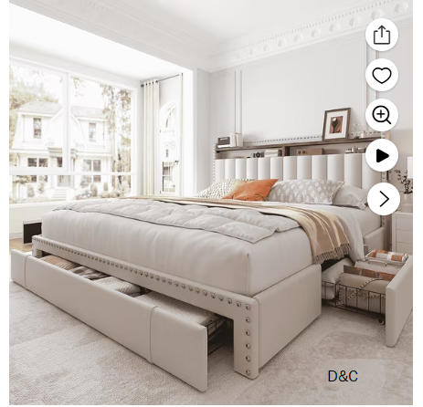 EnHomee Queen Bed Frame with 3 Drawers Upholstered Bed Frame with 2-Tier Storage Headboard Noise Free, Beige
