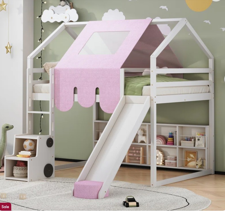 Loft Bed With Slide, Storage Bookcase and Stairs