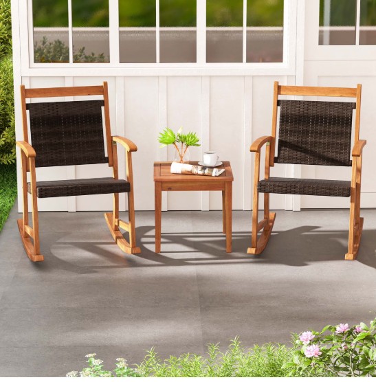 Costway 3PCS Patio Rattan Rocking Chair Bistro Set Acacia Wood Frame Armrest