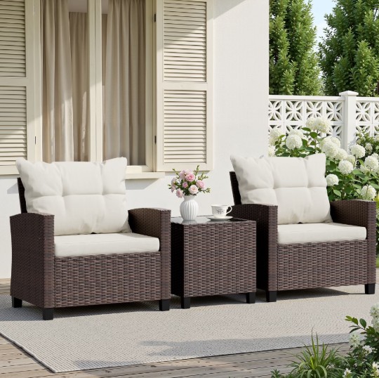 Walsunny 3 Pieces Patio Furniture Set Outdoor Wicker Conversation Bistro Set Outdoor Patio Chairs with Tempered Glass Table Beige