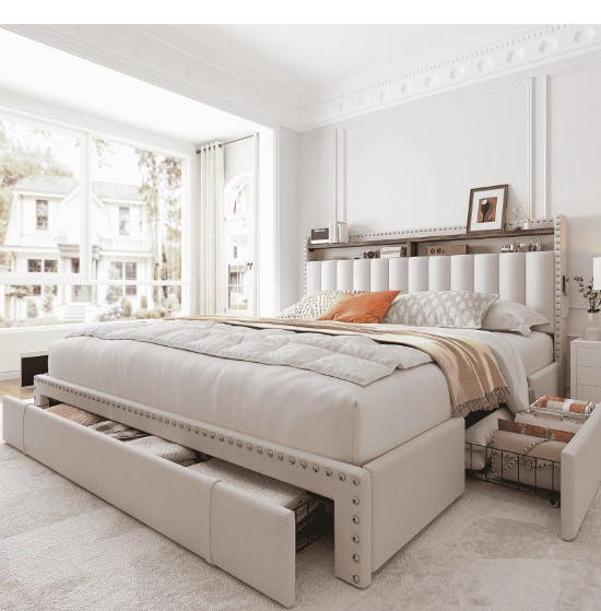 EnHomee Queen Bed Frame with 3 Drawers Upholstered Bed Frame with 2-Tier Storage Headboard Noise Free, Beige