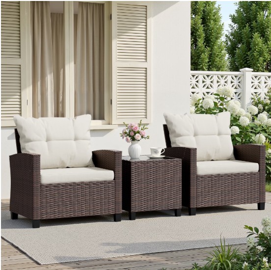 Walsunny 3 Pieces Patio Furniture Set Outdoor Wicker Conversation Bistro Set Outdoor Patio Chairs with Tempered Glass Table Beige