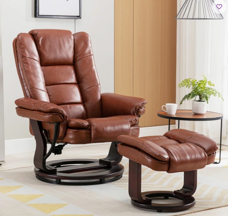 32″ Contemporary Leather Recliner and Ottoman with Swiveling Mahogany Wood Base