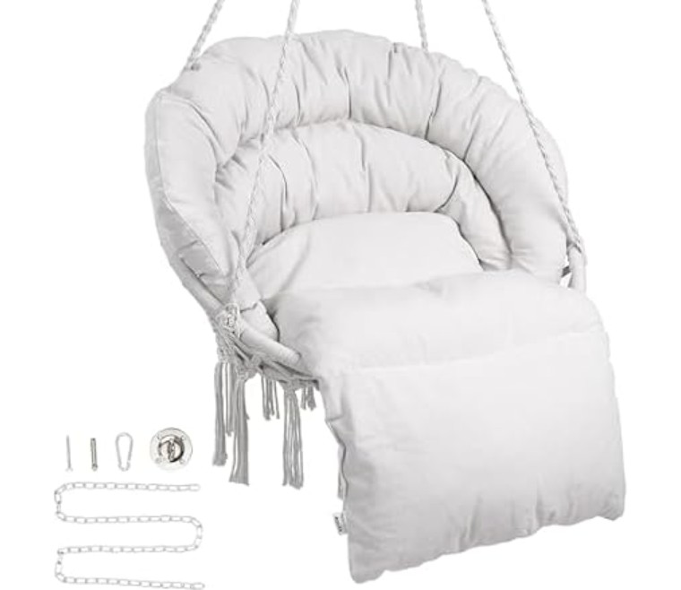 VEVOR Hanging Hammock Swing Chair, 330 Lbs Capacity, Macramé Hanging Chair with Cushion and Mounting Hardware, Cotton Rope Swing Chair for Bedroom, Balcony, Patio, Garden, Beige
