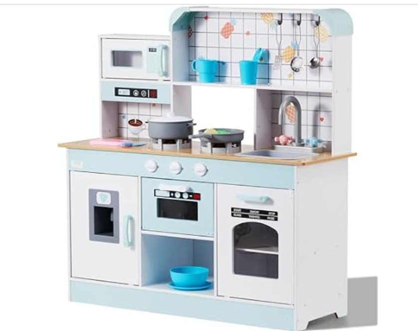 VEVOR Play Kitchen for Kids, Wooden Toy Kitchen Set with Lights and Sounds, Toddler Kitchen with Ice Maker, Oven, Sink, Microwaves, Fridge and Utensil and Fruit Accessory for Toddlers ages 3-8, White