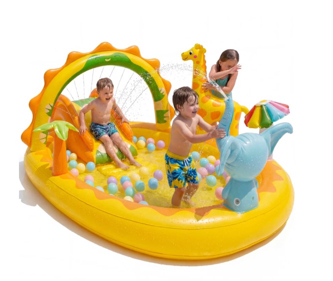 TASKBAY Inflatable Kiddie Pool Giraffe Play Center with Slide and Elephant Sprinkler, Age 2+, 82.7” x 67” x 41.3”