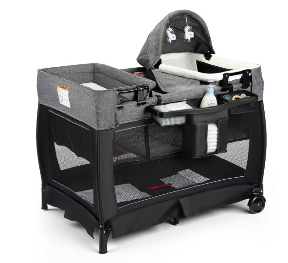 AILEEKISS 3-in-1 Foldable Baby Playard with Bassinet and Changing Table for Newborn, Black