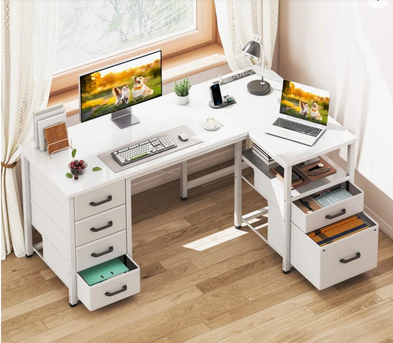 L-shaped Desk With 5-tier Under-desk Drawers,reversible Desk With Large Cabinet, Writing Desk With Power Outlets