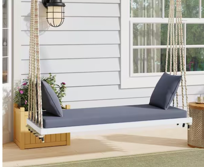 White Wood Porch Swing Bench with Gray Cushion and Pillows